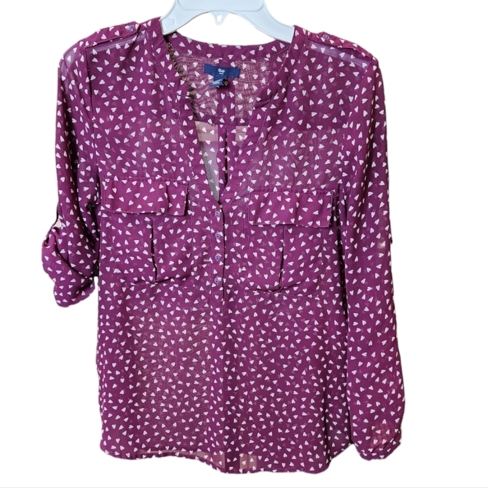 GAP Maroon and White Heart Sheer Blouse With Roll Tab Sleeves, Size XS